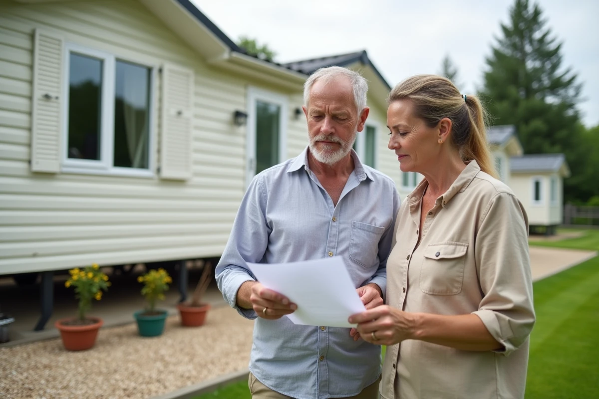 Couple examinant un contrat d'achat de parcelle en PRL avec mobil-home installé, parc résidentiel de loisirs