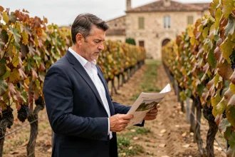 Acheteur potentiel de vignoble à Bordeaux examinant des documents immobiliers entre les rangées de vignes en automne