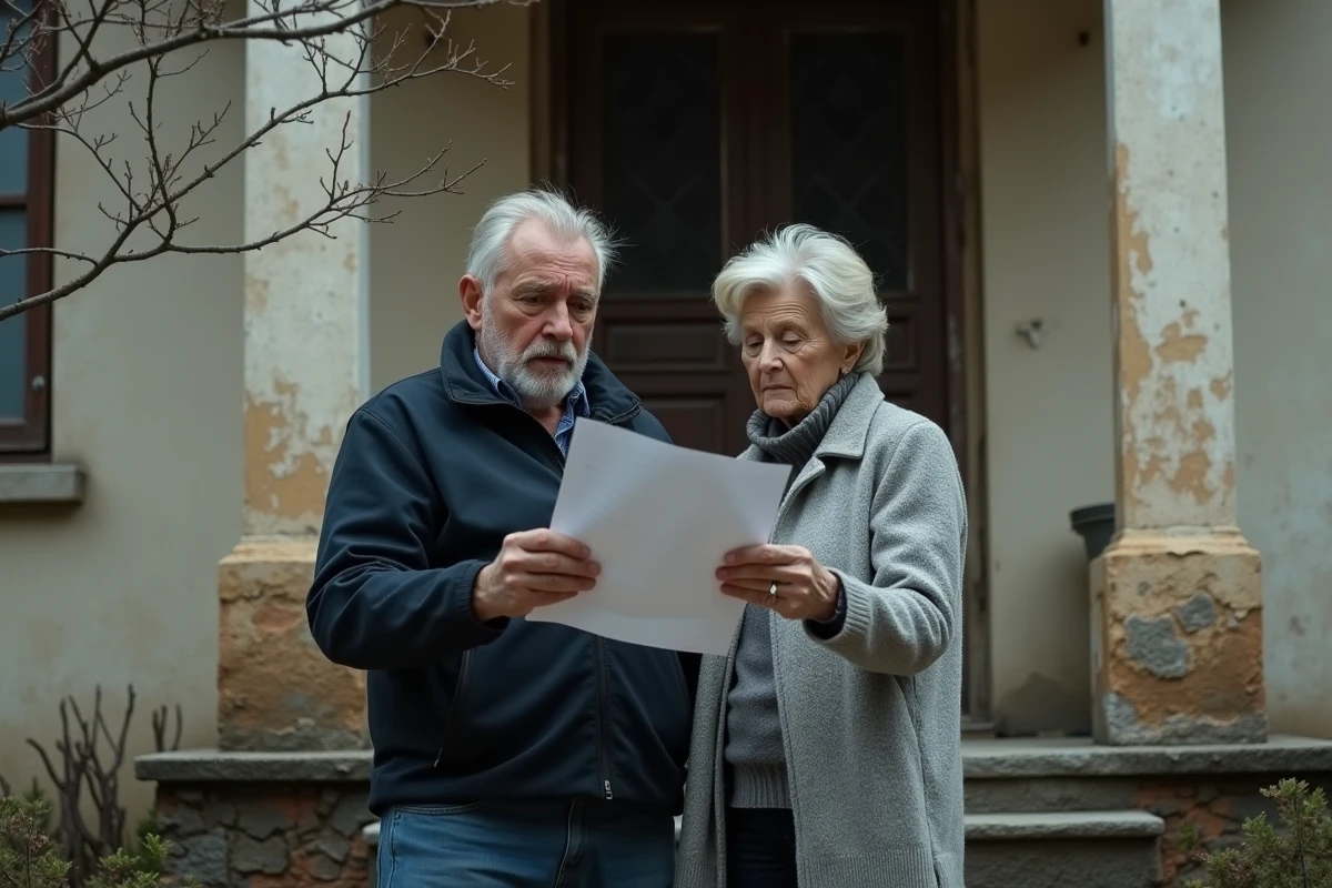 Couple d'acquéreurs potentiels examinant des documents devant une maison abandonnée lors d'une visite pour achat immobilier