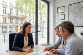 Agent immobilière conseillant un couple pour vendre leur logement dans une agence immobilière à Lyon