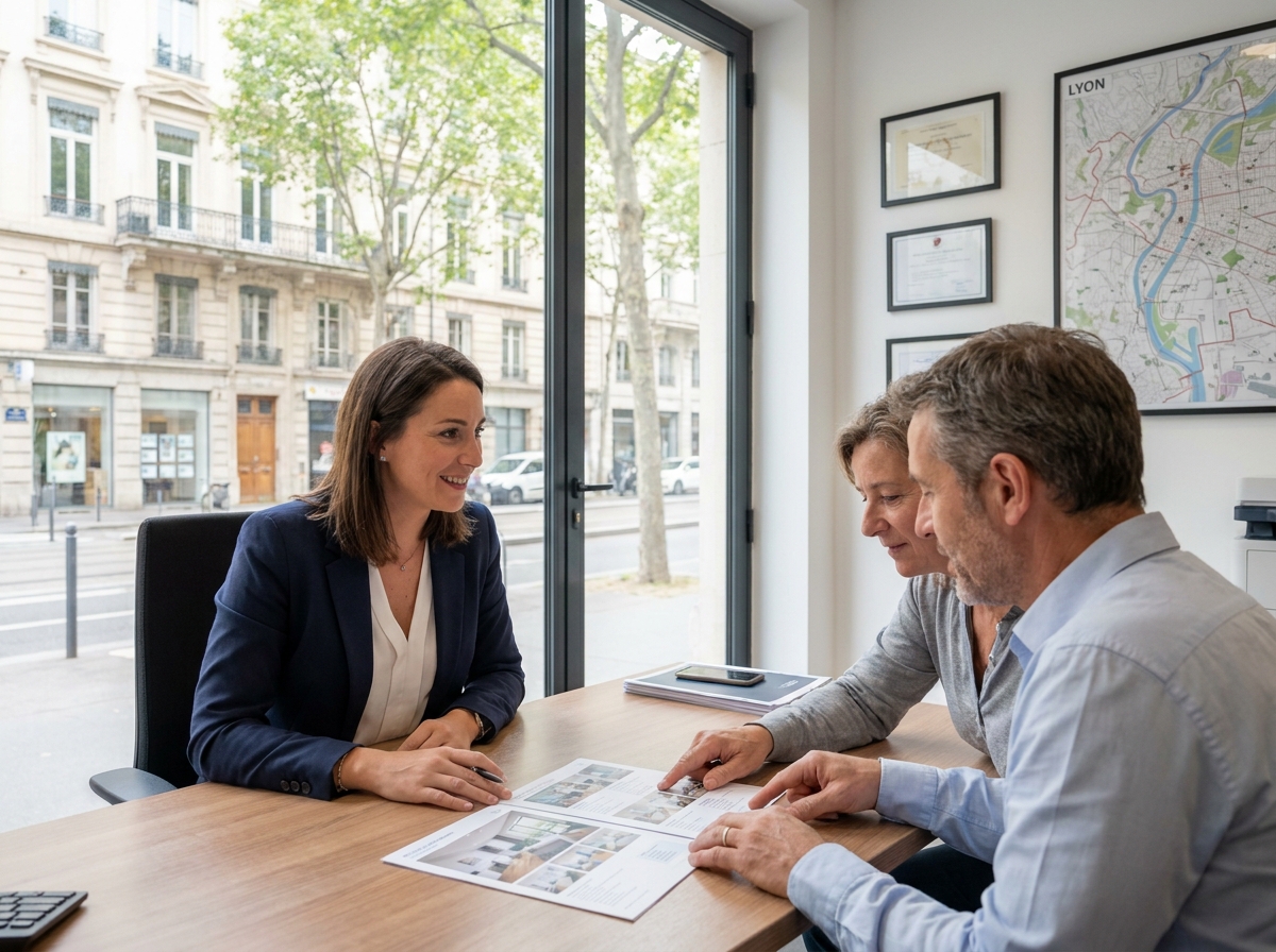 Agent immobilière conseillant un couple pour vendre leur logement dans une agence immobilière à Lyon