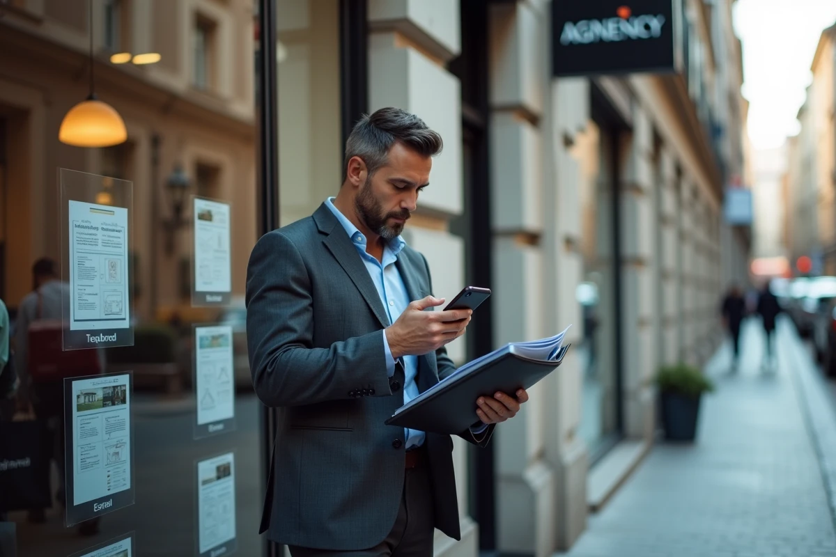 Homme devant une agence immobilière consultant une application de location sur son téléphone