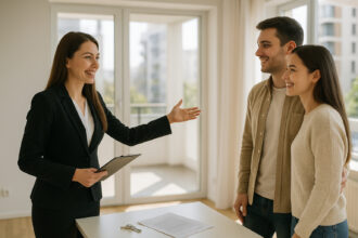 Agent immobilier accueillant un couple dans un appartement lumineux