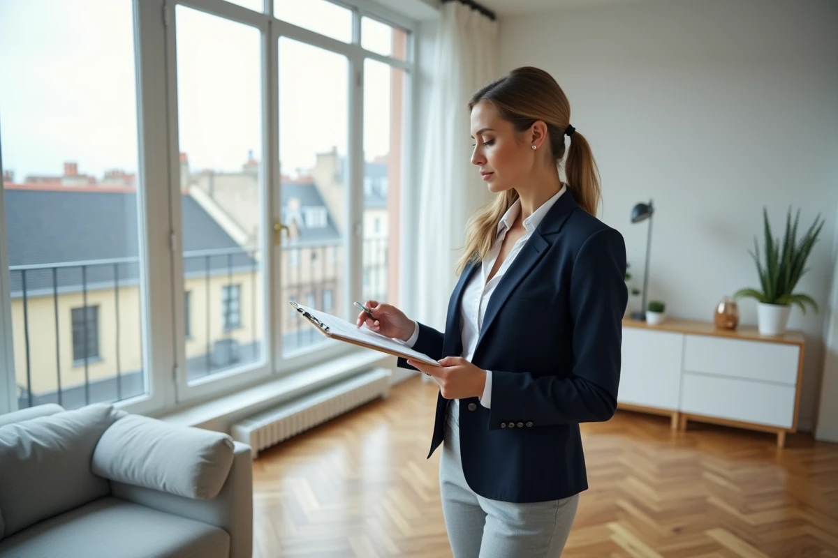 Agent immobilière professionnelle présentant des documents dans un appartement moderne à Lyon avec vue sur les toits