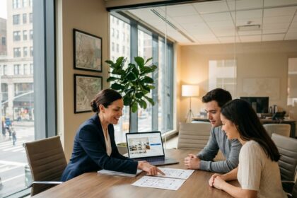 Agent immobilier conseillant un jeune couple dans une agence moderne pour l'achat d'un appartement en ville