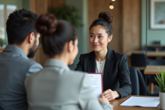 Femme agent immobilier remet un contrat à un couple