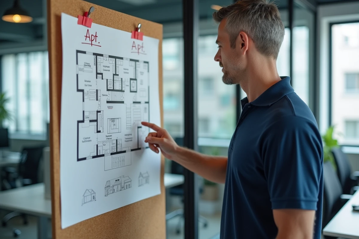Agent immobilier pointant un plan d'appartement avec des corrections d'abréviations dans une agence moderne