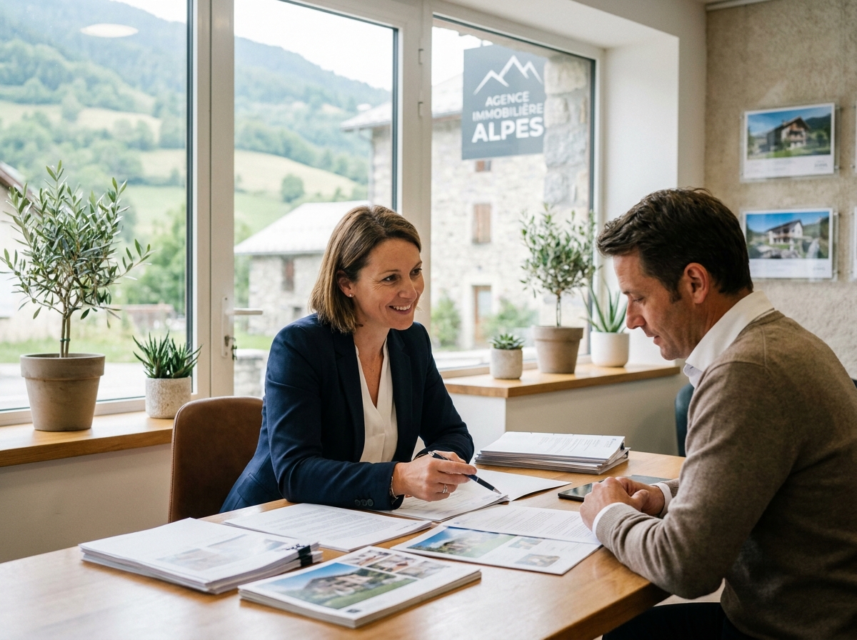 Agent immobilière présentant des documents à un client dans une agence à Cruseilles