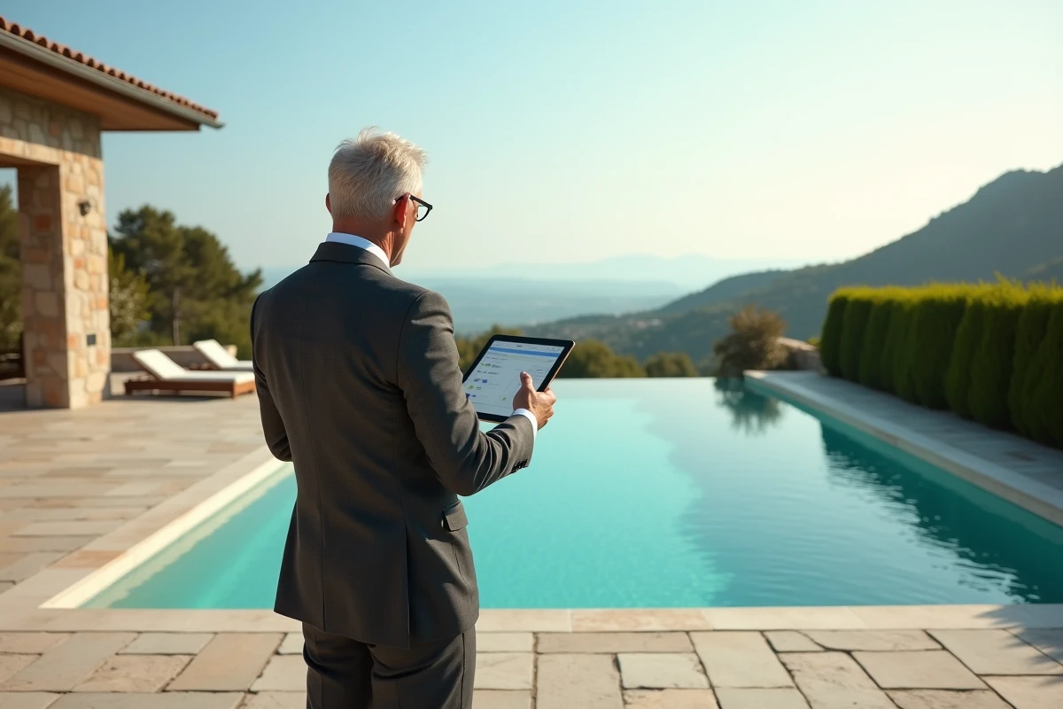 Agent immobilier de luxe consultant un outil d'estimation en ligne sur tablette devant une villa de prestige avec piscine à débordement
