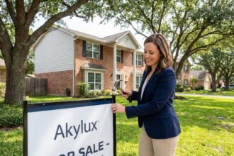 Agent immobilier installant un panneau devant une maison neuve