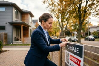 Agent immobilière installant un panneau de vente bien conçu devant une maison individuelle en banlieue résidentielle