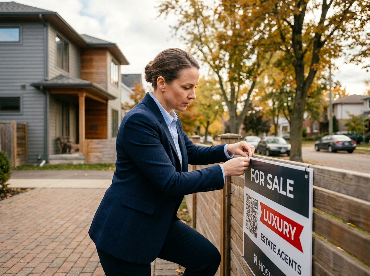 Agent immobilière installant un panneau de vente bien conçu devant une maison individuelle en banlieue résidentielle