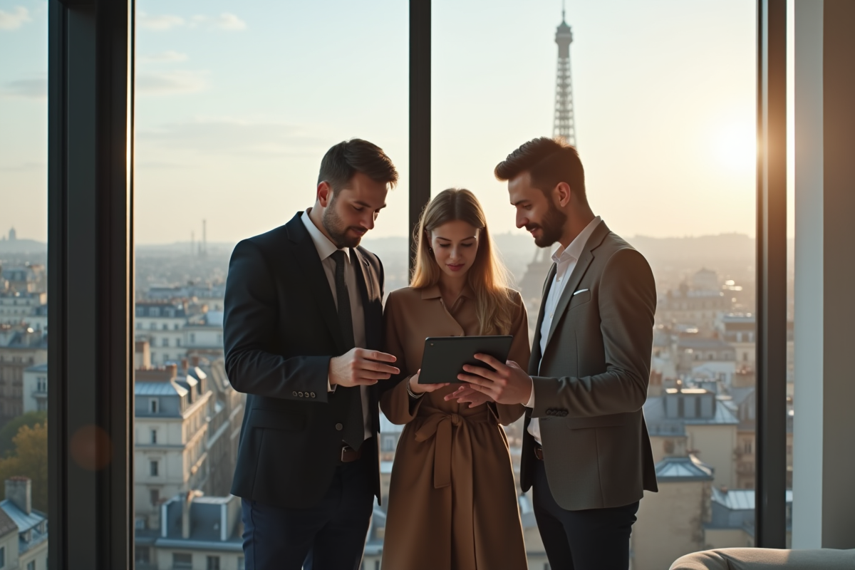 Agent immobilier avec couple devant la skyline de Paris