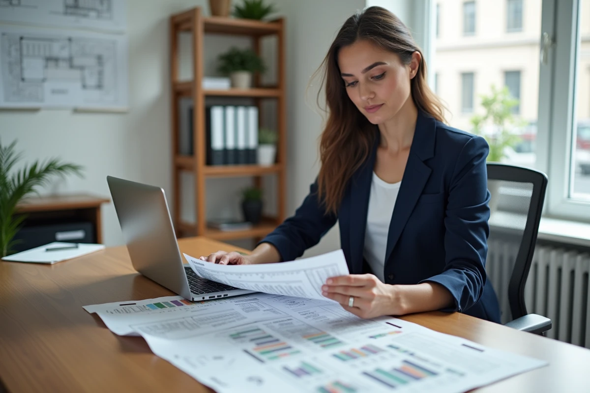 Femme agent immobilier analysant le prix d'une borne terrain sur un plan cadastral dans un bureau professionnel