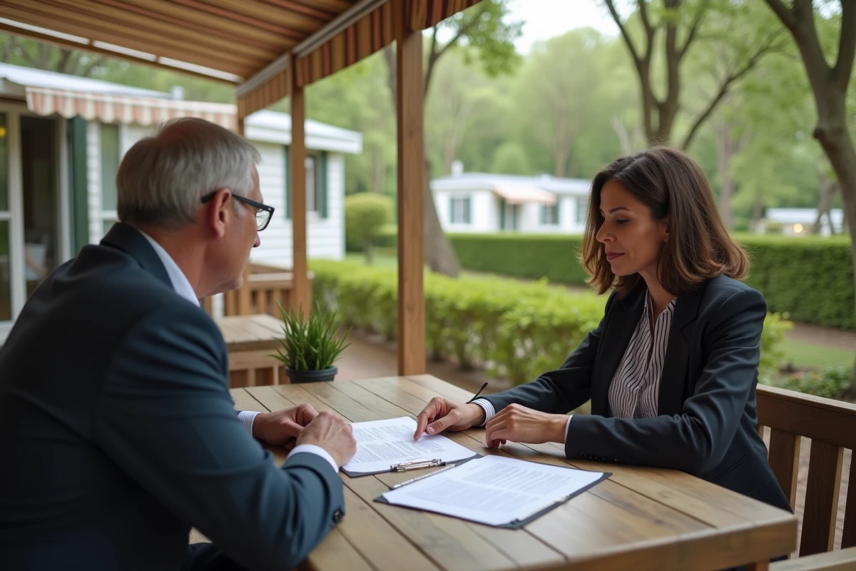Agent immobilier présentant les clauses d'une vente de parcelle PRL à un acheteur, terrasse de mobil-home