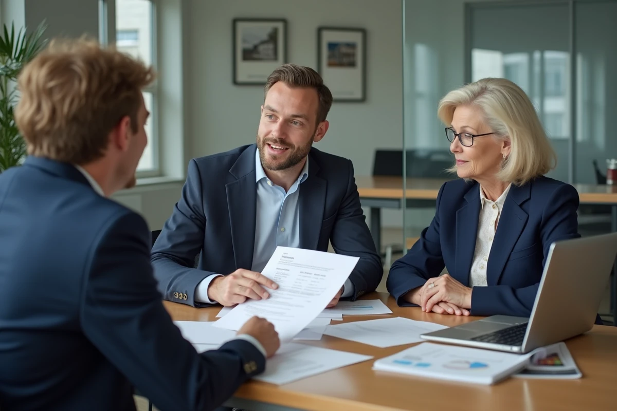 Agent immobilier présentant les nouvelles obligations de versement de loyer à un propriétaire dans une agence moderne en 2026
