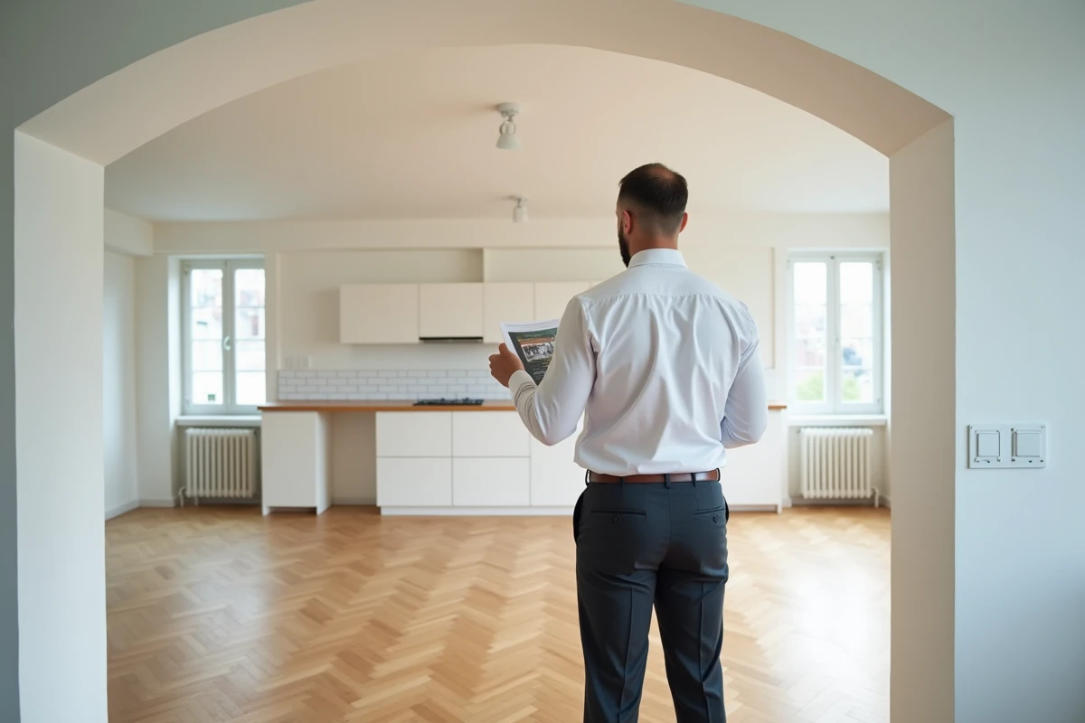 Agent immobilier présentant un appartement T2 vide avec parquet en bois dans le cadre d'un investissement immobilier en 2026