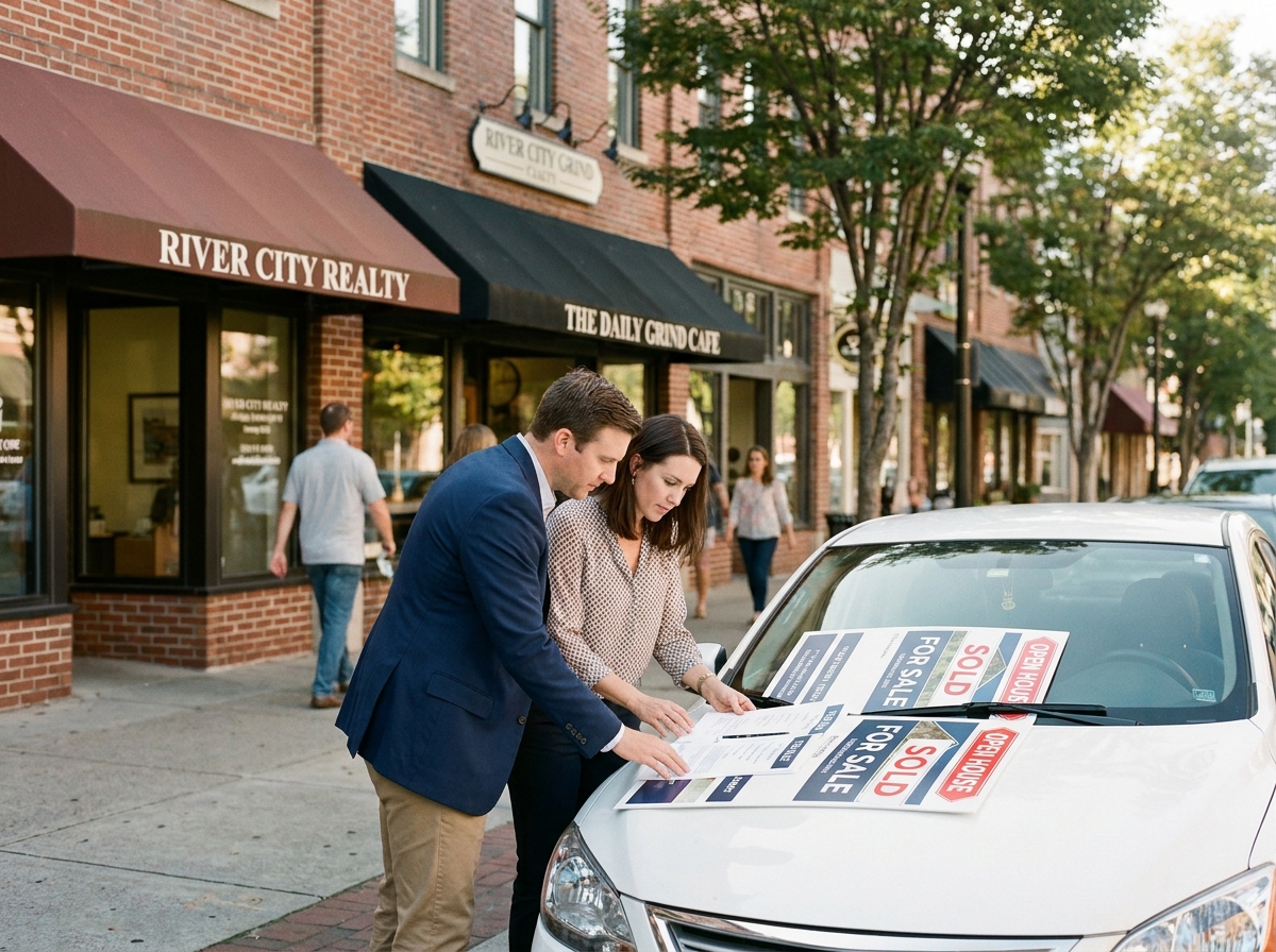 Deux agents immobiliers comparant des maquettes de panneaux publicitaires sur le capot d'une voiture en milieu urbain