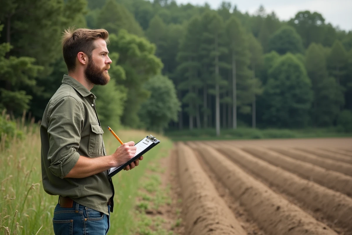 Jeune agronome observant la limite entre champs et forêt