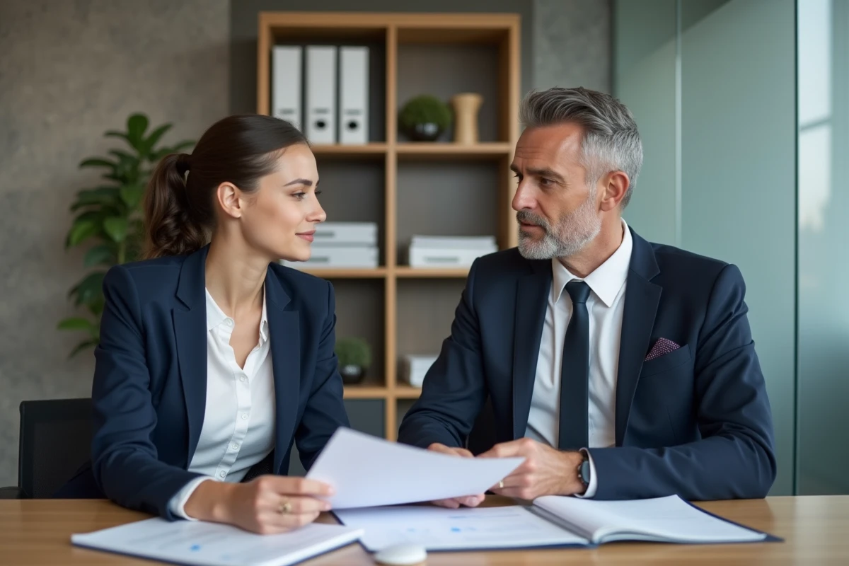 Jeune femme en CDD signant un contrat de location avec un propriétaire dans une agence immobilière
