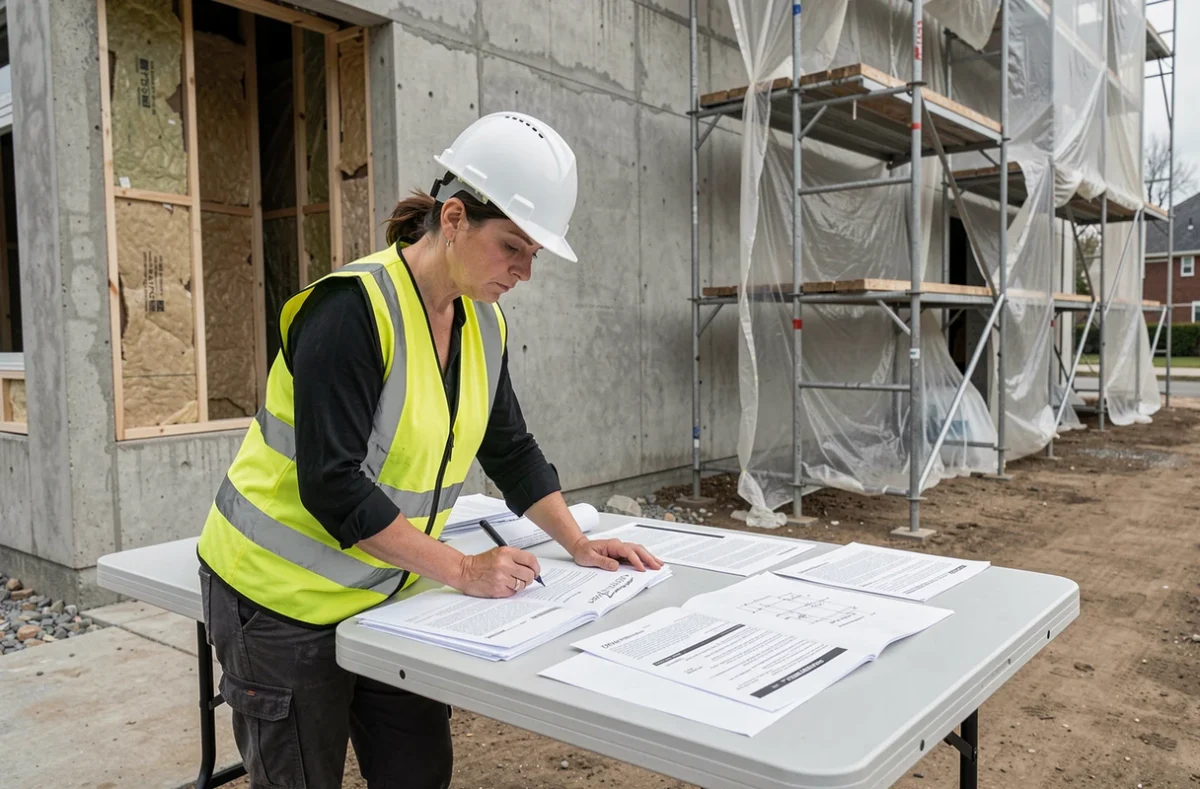 Cheffe de projet analysant des devis de désamiantage sur un chantier de rénovation commerciale