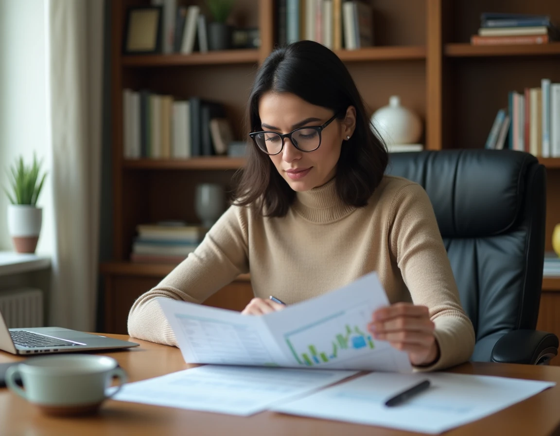 Femme analysant des documents fiscaux liés à un investissement immobilier en loi Pinel à domicile