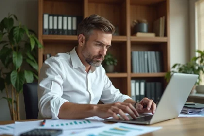 Homme analysant un simulateur de rentabilité immobilière sur ordinateur portable avec des feuilles de calcul et une calculatrice sur son bureau