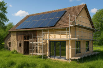 Photo hyperrealiste d'une ancienne grange en transformation en maison passive moderne avec panneaux solaires