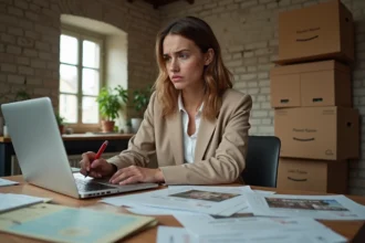 Femme frustrée entourée d'annonces immobilières trompeuses à déchiffrer sur une table encombrée