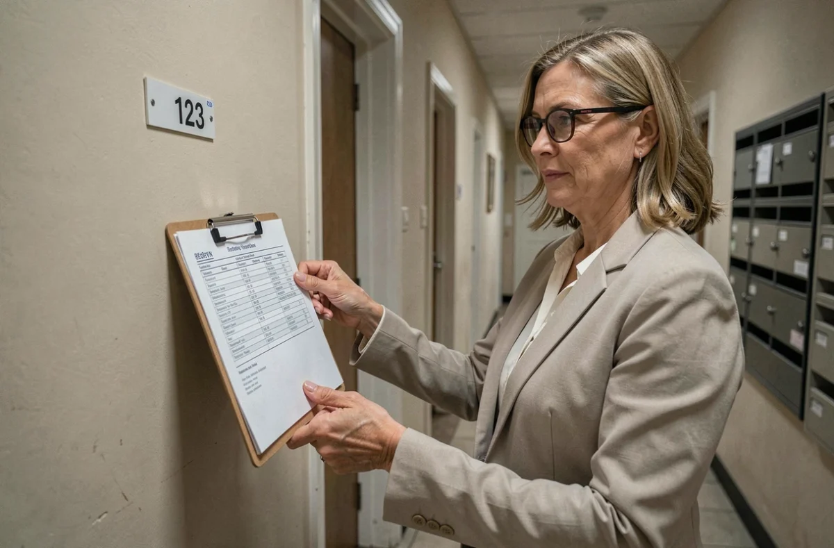 Membre du conseil syndical consultant un annuaire de copropriété dans le couloir d'un immeuble résidentiel