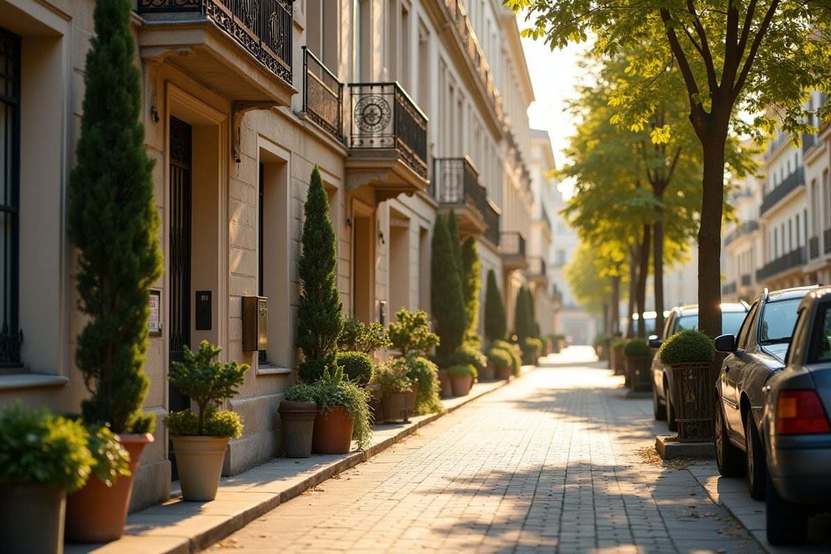Rue urbaine en Île de France avec immeubles résidentiels et panneau vente