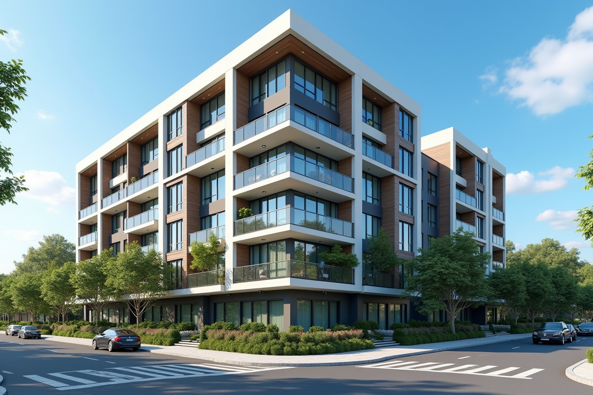 Appartement moderne avec jardin bien entretenu et ciel bleu
