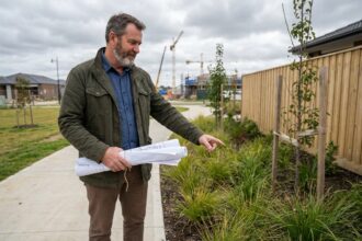 Architecte paysagiste avec plans devant un terrain neuf