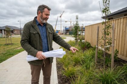 Architecte paysagiste avec plans devant un terrain neuf