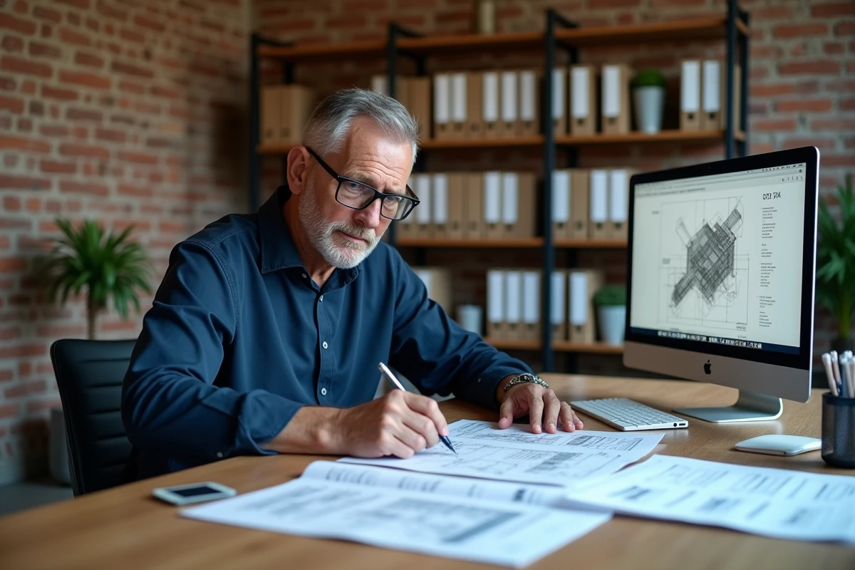 Architecte examinant des documents de déclaration attestant l'achèvement des travaux sur un bureau encombré de plans et formulaires administratifs