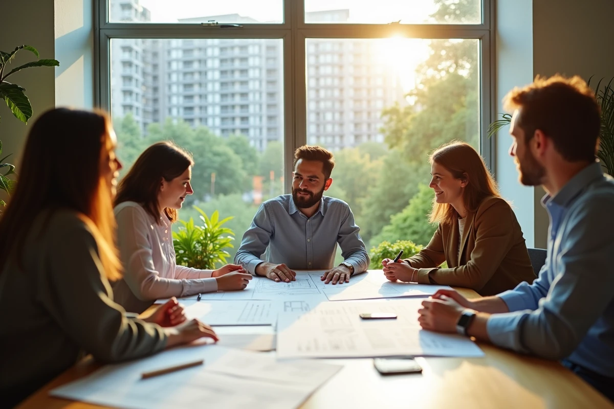Jeune architecte en réunion avec équipe dans un espace lumineux