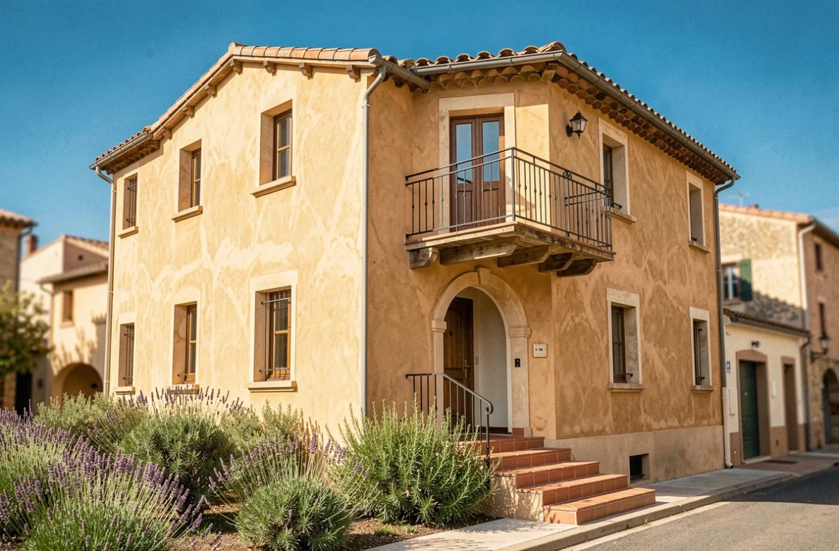 Maison de style roussillonnais construite par Arcobat, avec enduit ocre, toiture en tuiles canal et balcon en fer forgé typique du sud de la France