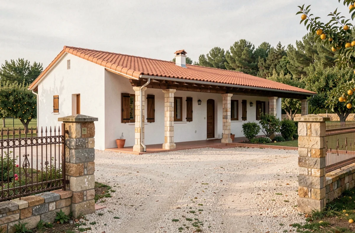 Maison de plain-pied de style catalan réalisée par Artipro 66 dans les Pyrénées-Orientales, avec terrasse couverte, colonnes en pierre et jardin clos