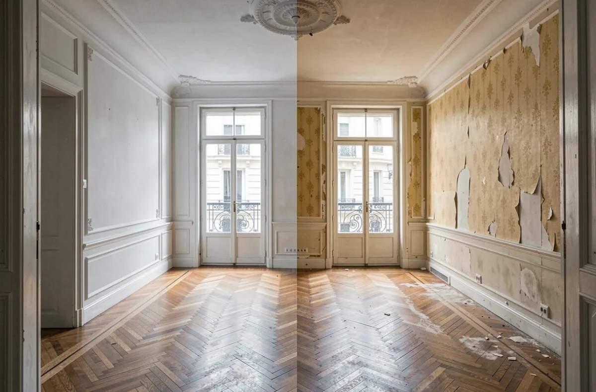 Appartement haussmannien à moitié rénové montrant le contraste entre ancienne et nouvelle finition dans un même salon