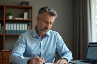 Bailleur LMNP en train de remplir un formulaire d'inscription au RCS sur son bureau avec des documents administratifs