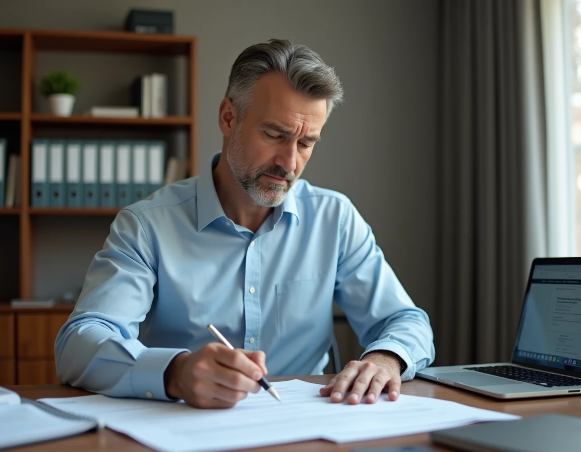 Bailleur LMNP en train de remplir un formulaire d'inscription au RCS sur son bureau avec des documents administratifs