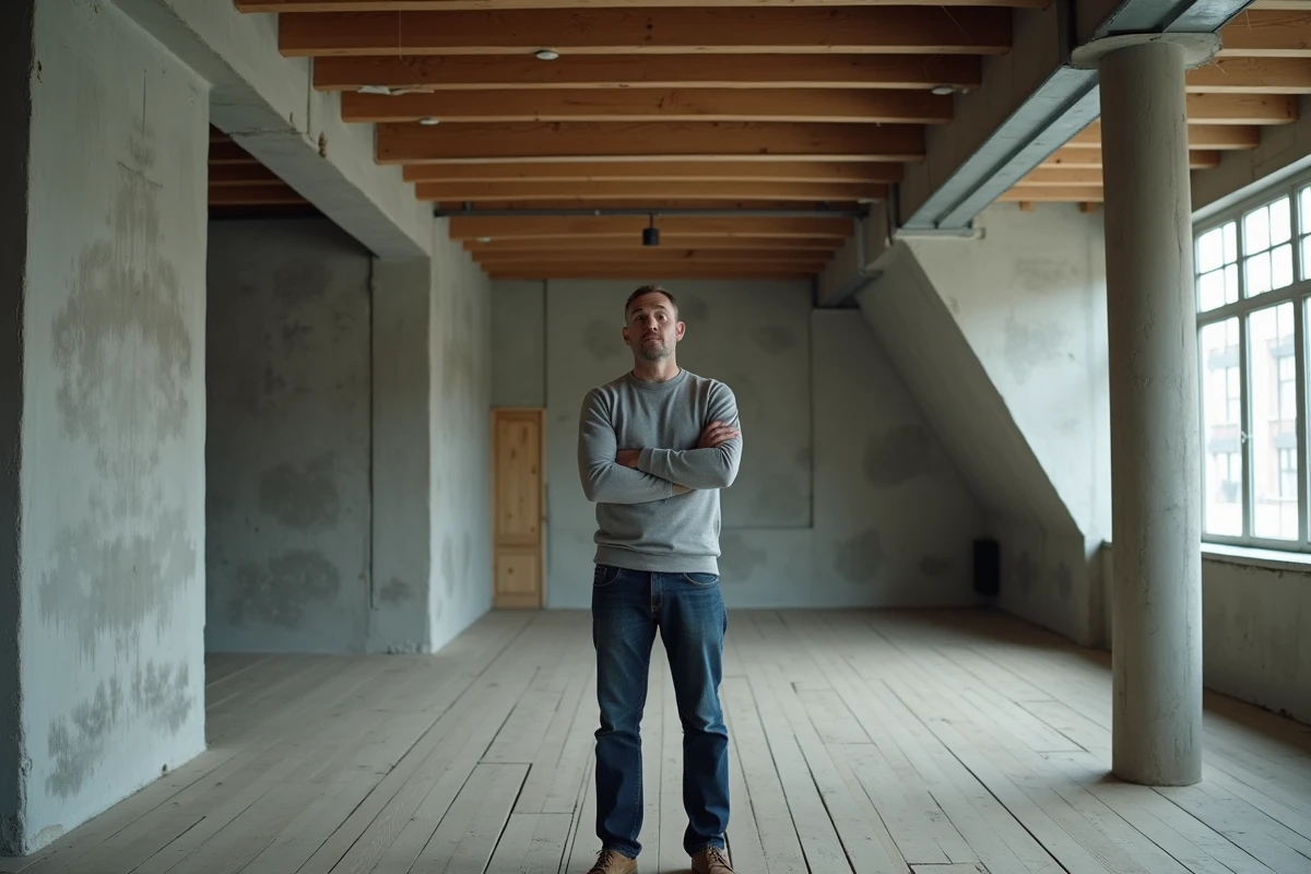 Appartement atypique avec poutres en acier et plafond en pente révélant des contraintes structurelles inattendues