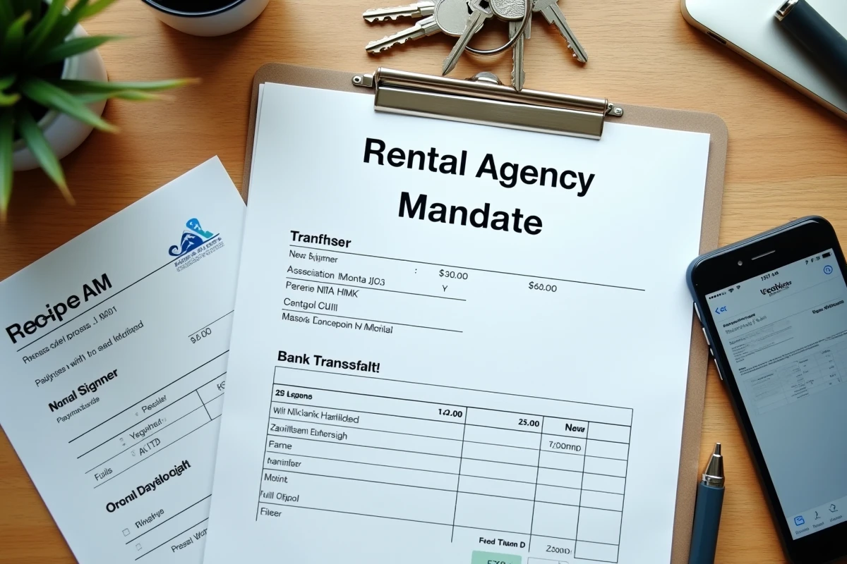 Vue de dessus d'un bureau d'agence immobilière avec mandat locatif, reçu de virement et clés illustrant les obligations de versement de loyer en 2026