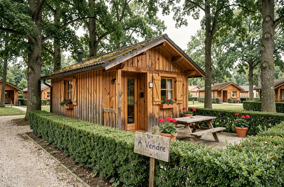 Chalet en bois à vendre dans un parc résidentiel de loisirs avec panneau À Vendre et terrasse fleurie