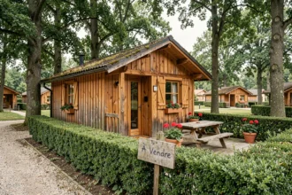 Chalet en bois à vendre dans un parc résidentiel de loisirs avec panneau À Vendre et terrasse fleurie