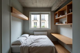 Petite chambre de 9m2 aménagée avec un lit mezzanine et des étagères intégrées dans un appartement parisien compact