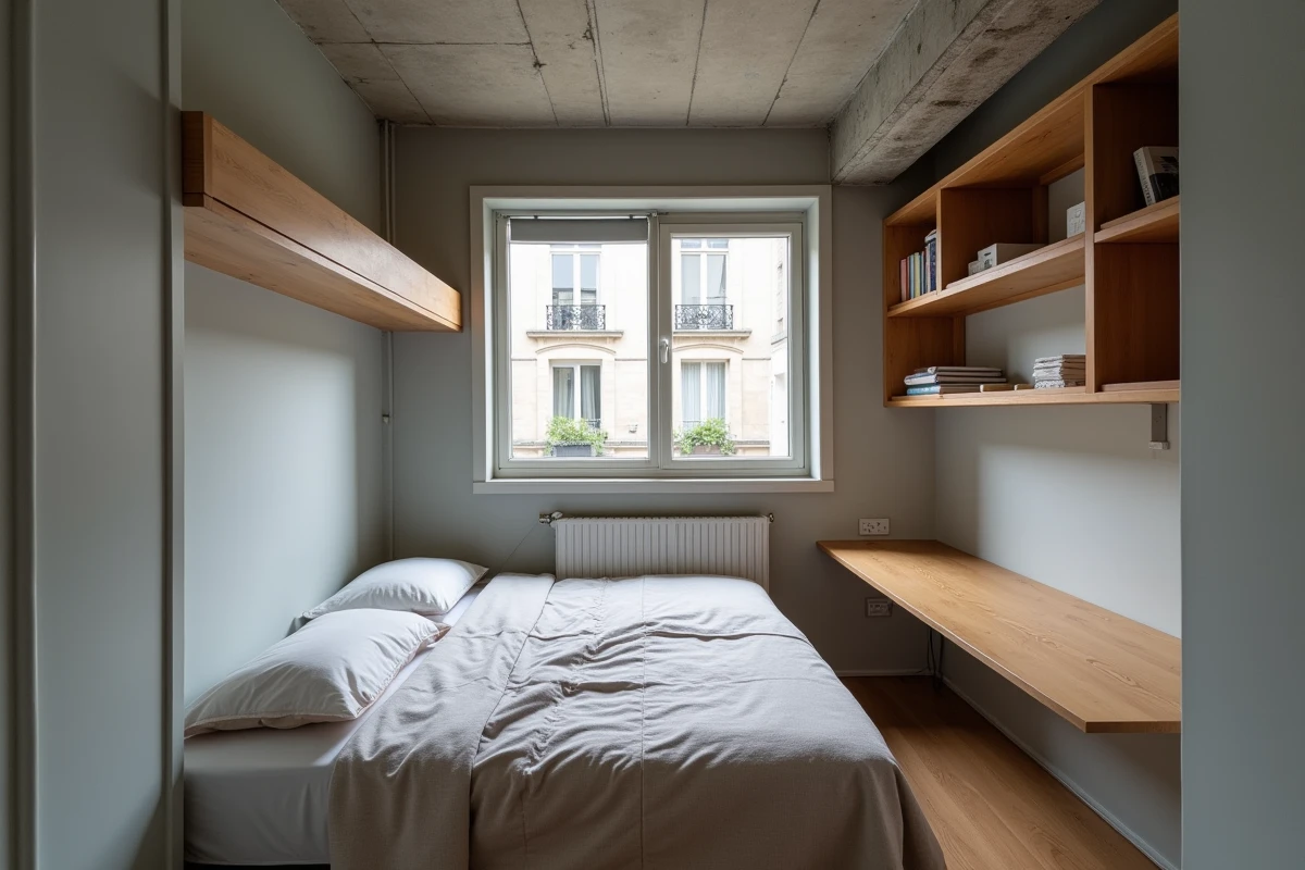 Petite chambre de 9m2 aménagée avec un lit mezzanine et des étagères intégrées dans un appartement parisien compact