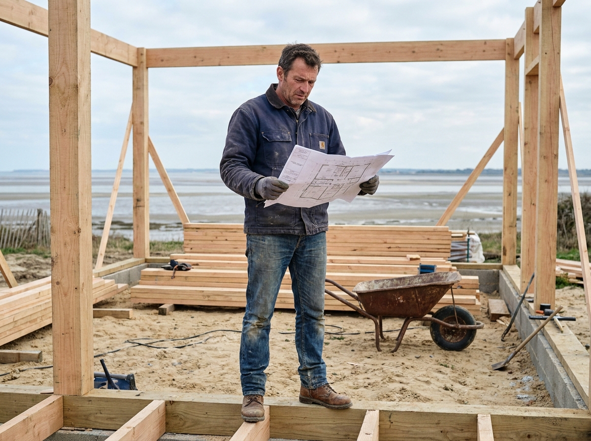 Chantier de construction d'une maison ossature bois en Loire-Atlantique avec maître d'œuvre consultant les plans