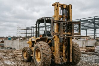 Chariot élévateur jaune robuste sur chantier de construction boueux avec pneus tout-terrain et mât renforcé