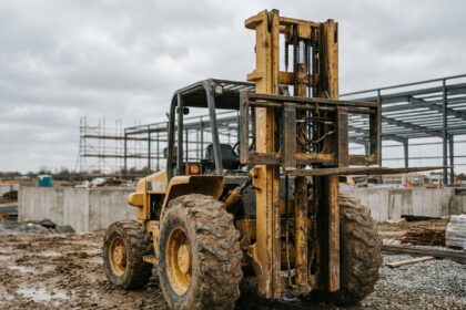 Chariot élévateur jaune robuste sur chantier de construction boueux avec pneus tout-terrain et mât renforcé